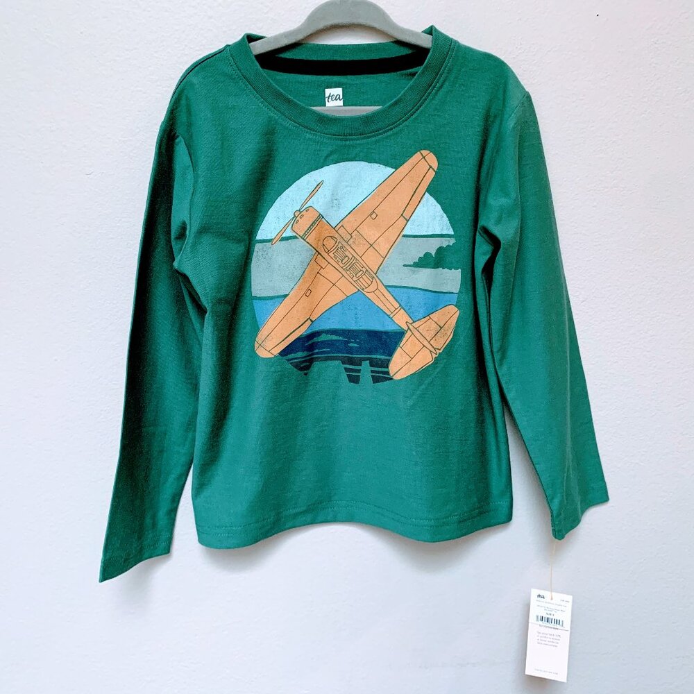 Tea Collection Airplane Graphic Long Sleeve Tee Green 100% Cotton NWT Size 4